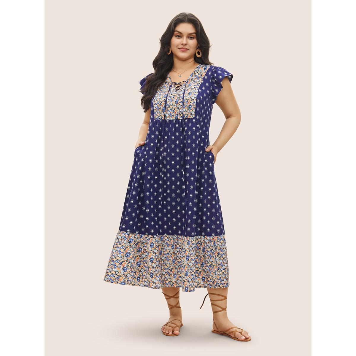 Plus Size Boho Print Ruffle Cap Sleeve Lace Up Dress DarkBlue Women Resort Non V-neck Cap Sleeve Curvy Midi Dress BloomChic 18-20/2X Product Image