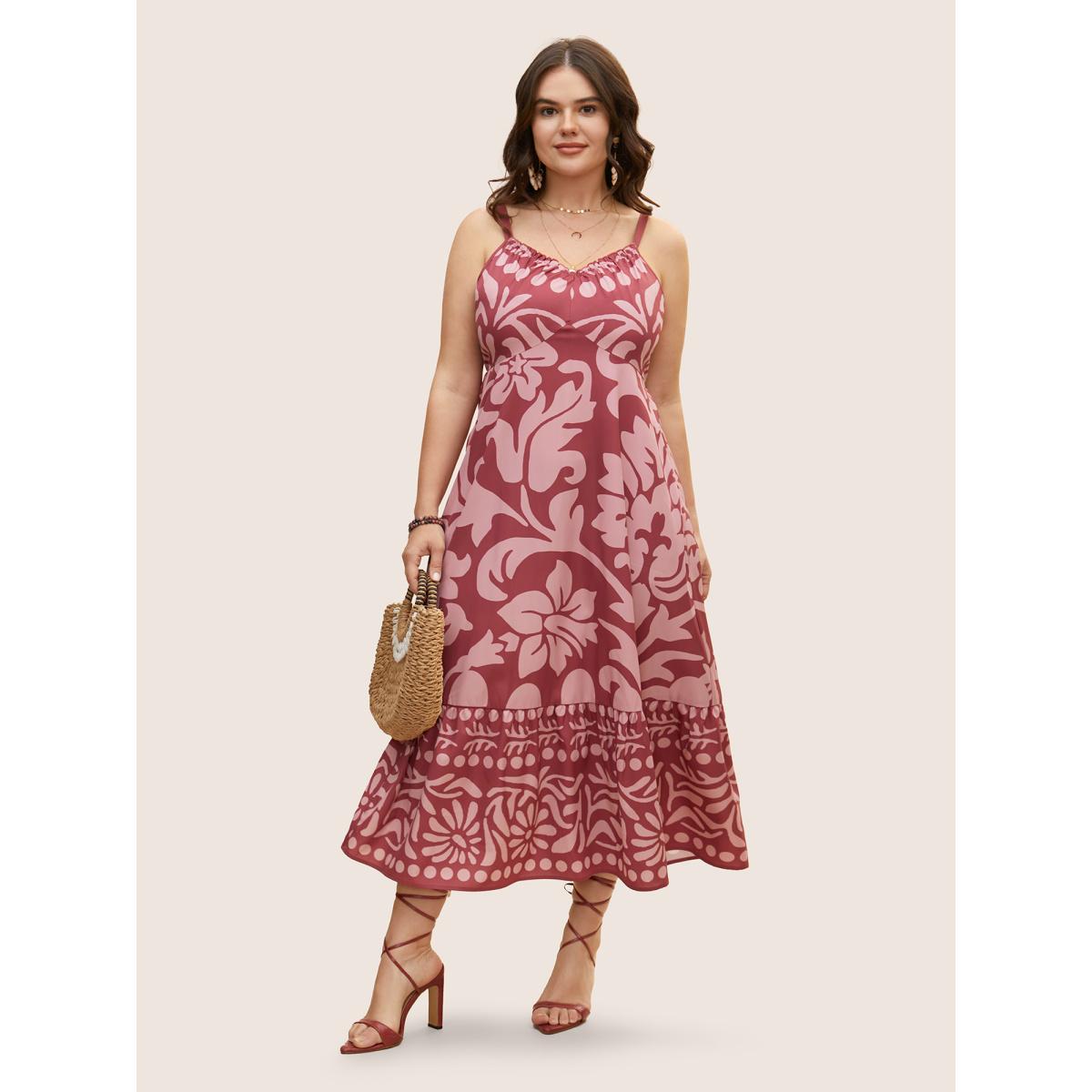 Plus Size Silhouette Floral Print Frill Trim Cami Dress DustyPink Women Resort Gathered V-neck Sleeveless Curvy BloomChic 22-24/3X Product Image