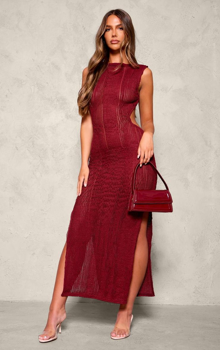 Burgundy Texture Extreme Back Cut Out Maxi Dress Product Image