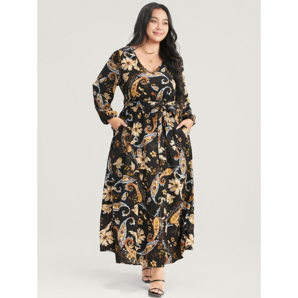 Plus Size Floral Pocket Lantern Sleeve V Neck Belted Maxi Dress Black Women Elegant Belted V-neck Long Sleeve Curvy Long Dress BloomChic 30/6X Product Image