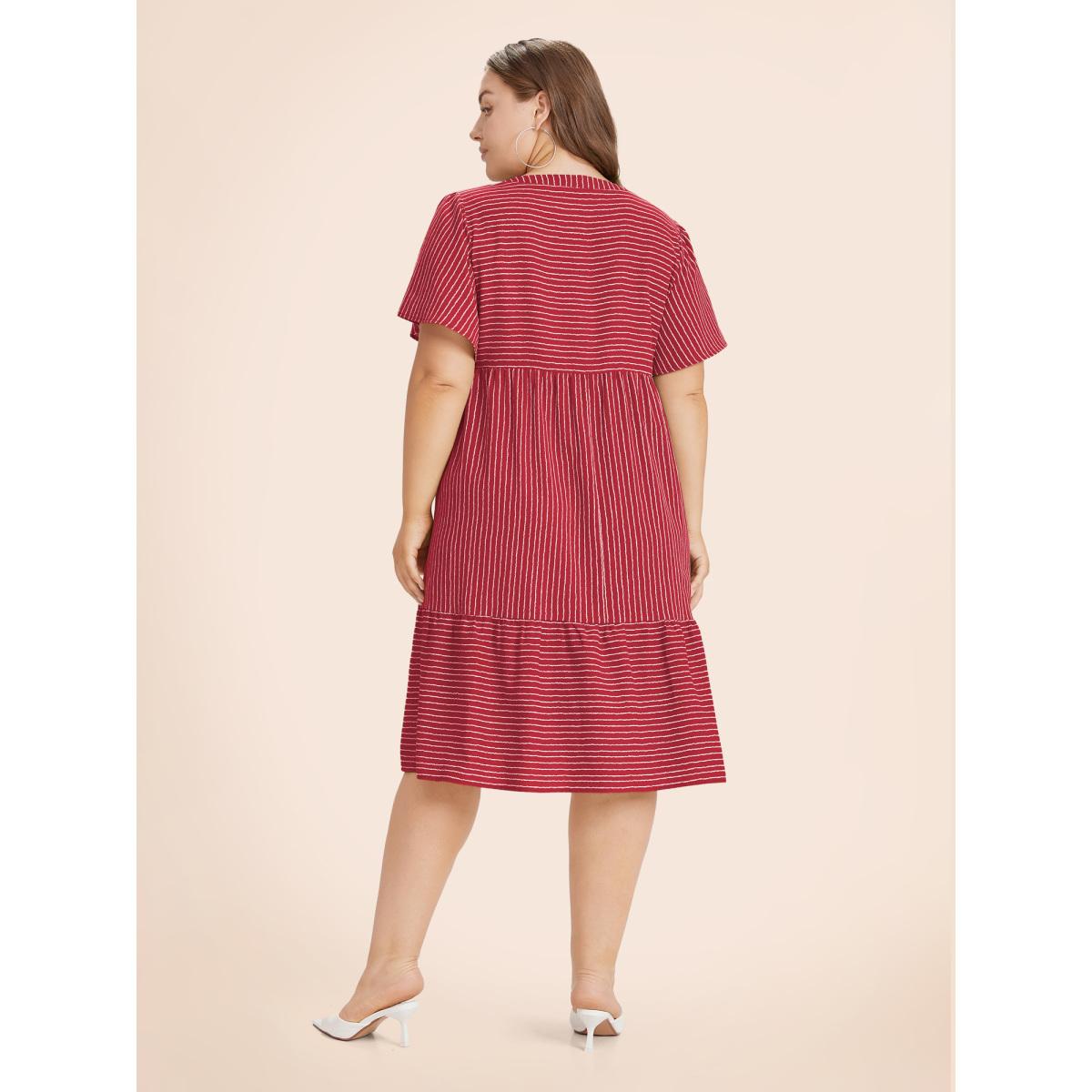 Plus Size Striped Patchwork Notched Flutter Layered Babydoll Dress Crimson Women Office Gathered Notched collar Short sleeve Curvy Midi Dress BloomChic 28/5X Product Image