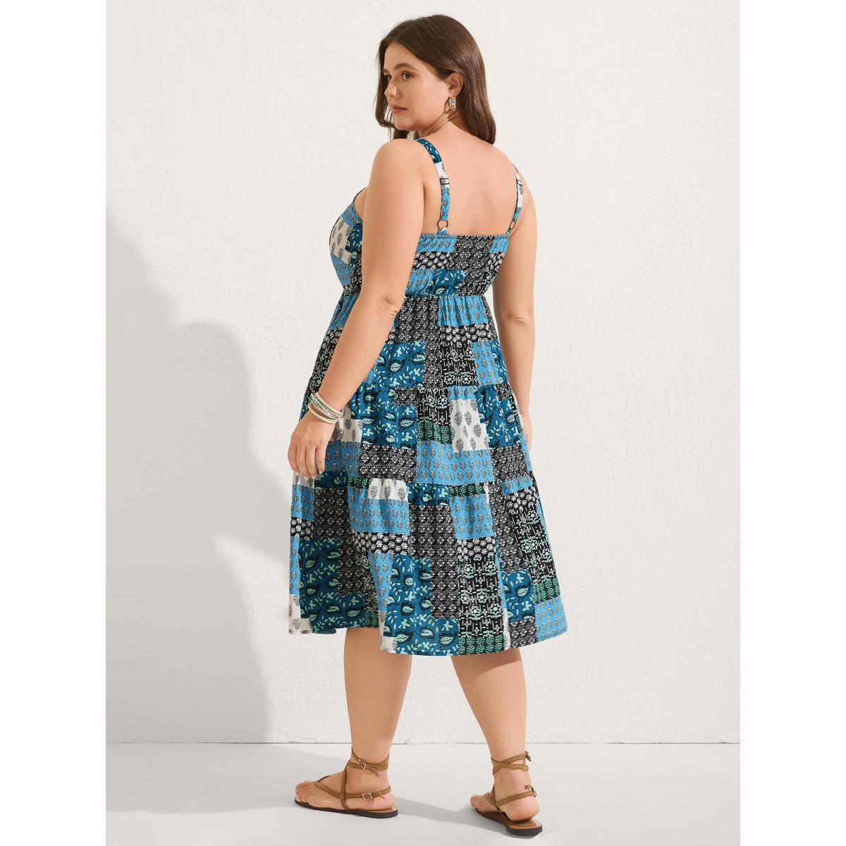 Plus Size Boho Floral Collage Stretchy Waist Midi Dress Multicolor Women Tie knot Non Sleeveless Curvy BloomChic 30/6X Product Image