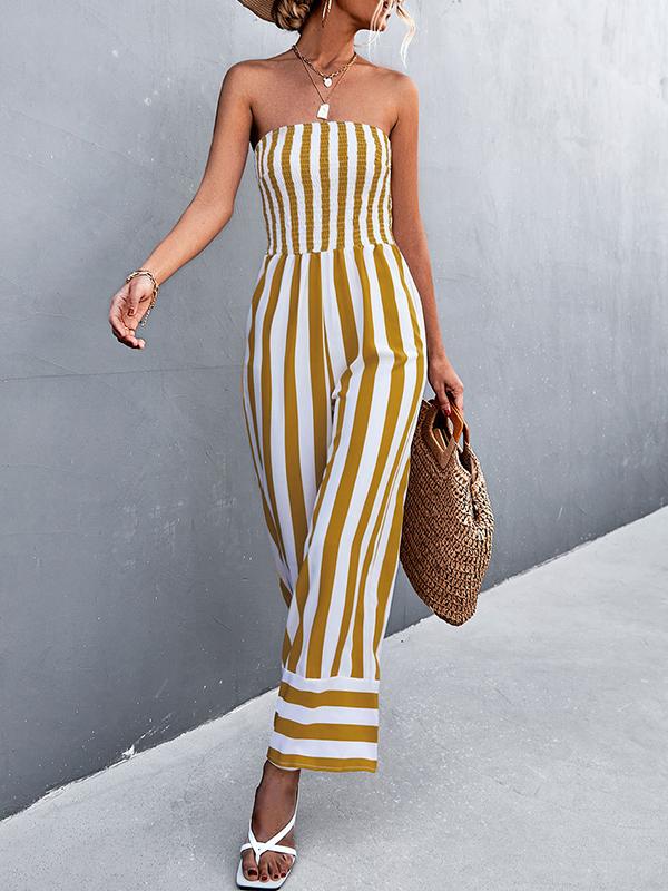 Loose Sleeveless Contrast Color Elasticity Striped Tube Jumpsuits Product Image