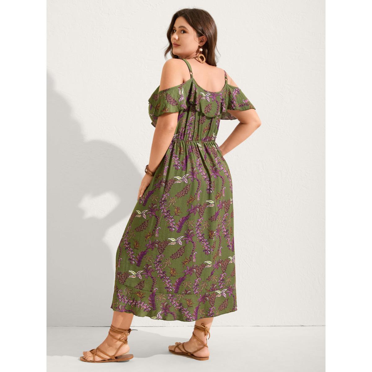 Plus Size Boho Floral Ruffled Off-Shoulder Midi Dress Moss Women One-shoulder neck Short sleeve Curvy BloomChic 10/M Product Image