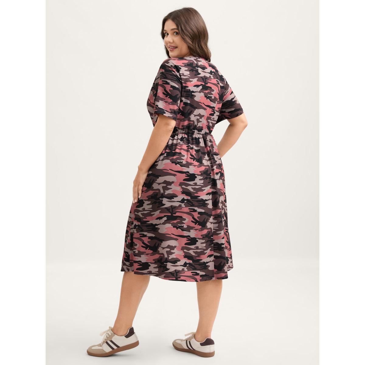 Plus Size Camouflage Print Round Neck Pockets Midi Dress Heather Women Casual Tie knot Knit Dresses Bloomchic 22-24/3X Product Image