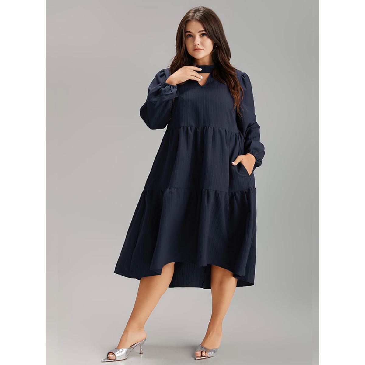 Plus Size Solid Cut Out Lantern Sleeve Dress DarkBlue Women Elegant Elastic cuffs Keyhole Cut-Out Long Sleeve Curvy Midi Dress BloomChic 14-16/1X Product Image