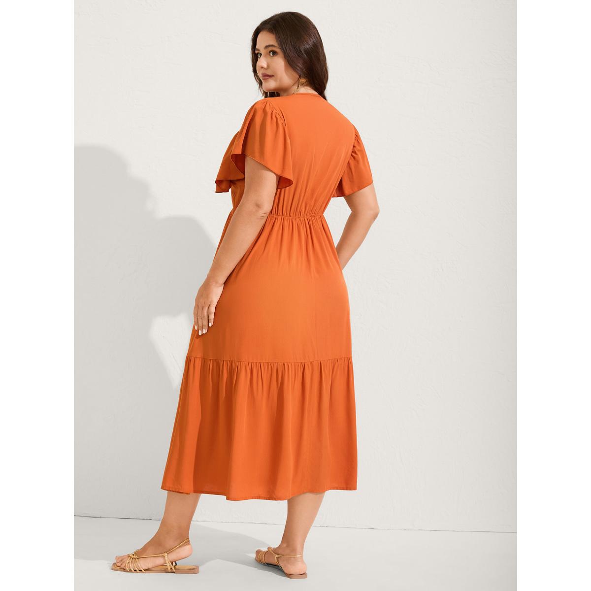 Plus Size Rayon Stretchy Waist Lace Midi Dress OrangeRed Women Boho V-neck Short sleeve Curvy BloomChic 12/L Product Image