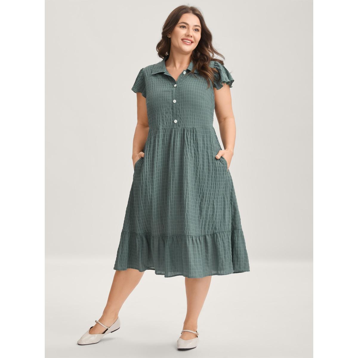 Plus Size Textured Pockets Collar Flutter Sleeve Midi Dress Moss Women Leisure Shirt collar Cap Sleeve Curvy BloomChic 28/5X Product Image