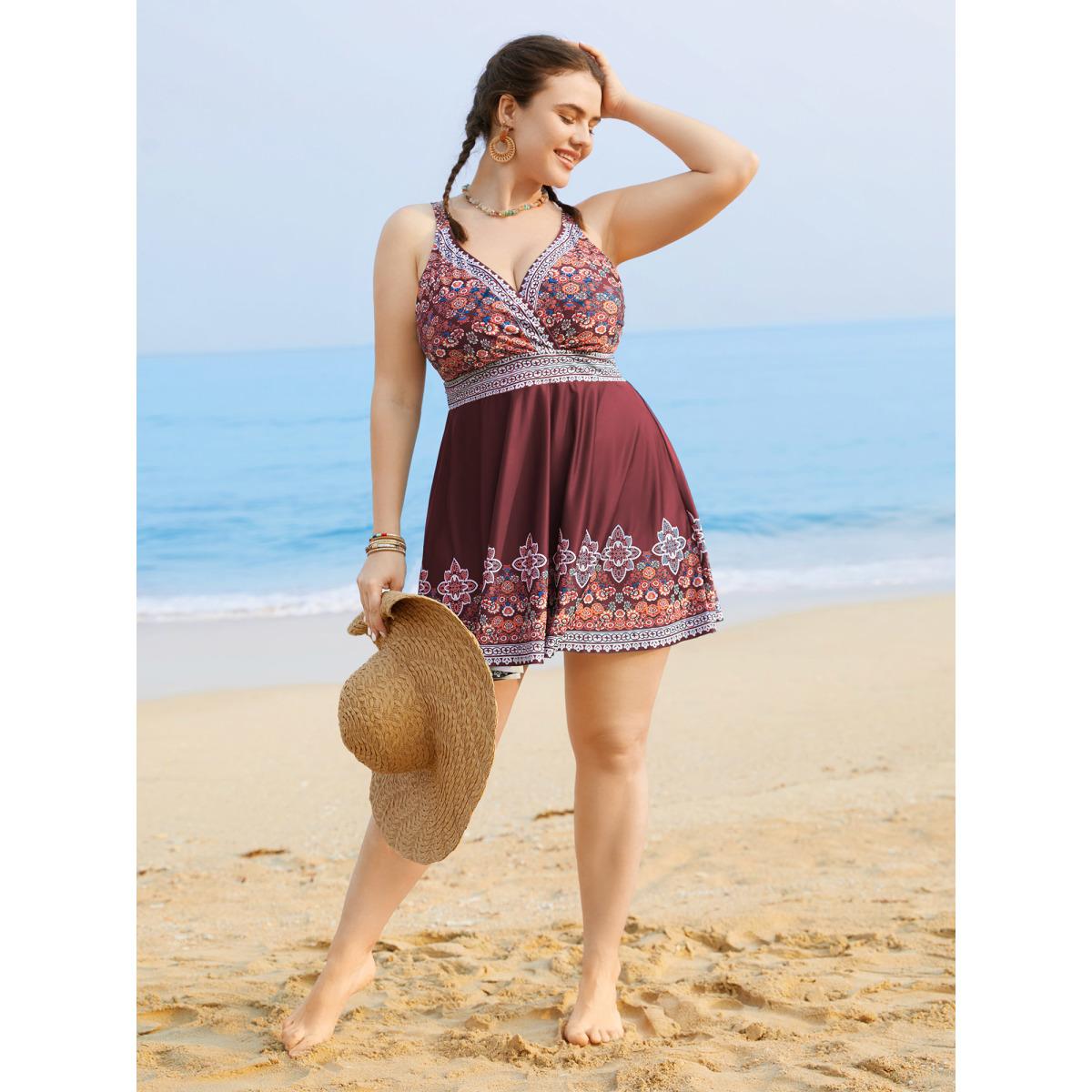 Plus Size Boho Print Surplice Neck Adjustable Swim Dress Women's Swimwear Deepred Resort Bodycon Overlap Collar High stretch Curve Swim Dresses BloomChic 18-20/2X Product Image