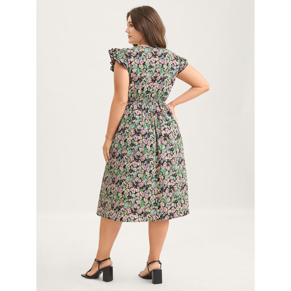 Plus Size Floral Layered Ruffled Sleeve Midi Dress Black Women Round Neck Cap Sleeve Curvy BloomChic 14-16/1X Product Image