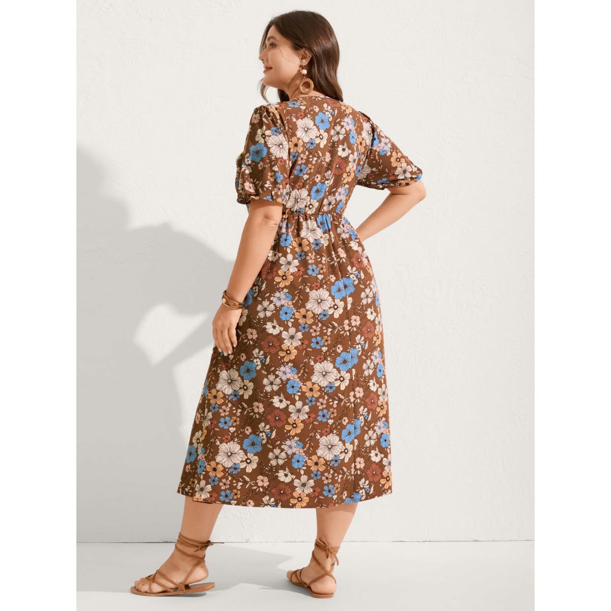 Plus Size Fall Florals Shirred Bodice Midi Dress Yellowishbrown Women Boho V-neck Short sleeve Curvy BloomChic 26/4X Product Image