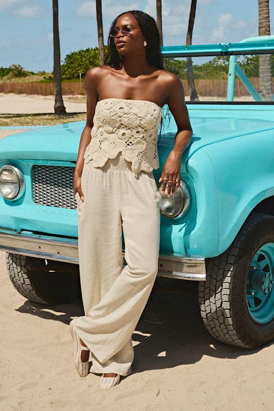 Hit the Breeze Beige Smocked Wide-Leg Pants Product Image