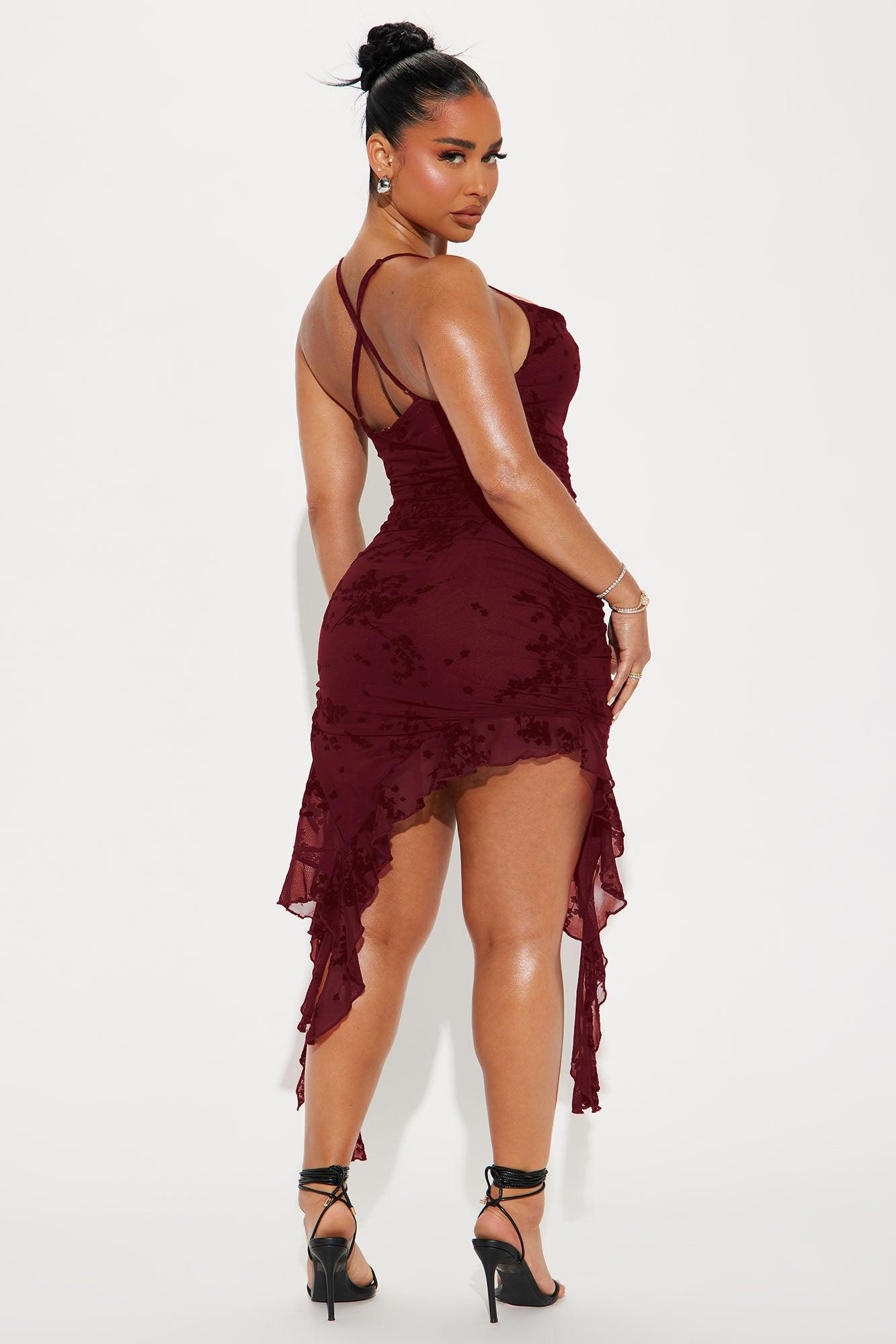 Blossom Bliss Mesh Midi Dress - Burgundy Product Image