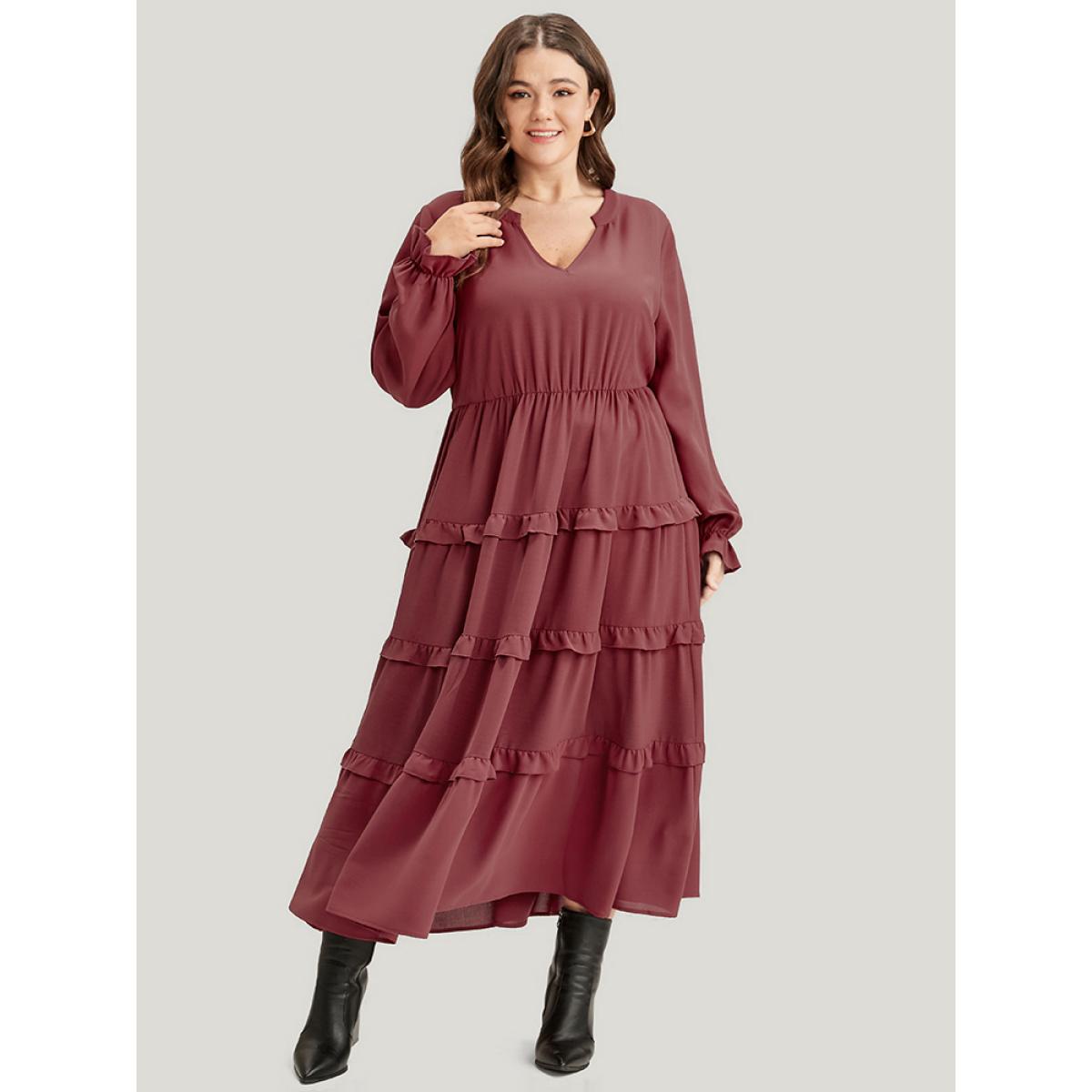 Plus Size Solid Lantern Sleeve Pocket Ruffle Hem Dress Russet Women Elegant V-neck Long Sleeve Curvy Long Dress BloomChic 12/L Product Image