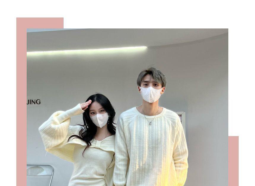 Couple Matching Long-Sleeve Plain Bow Shrug / Sleeveless Square Neck Knit Midi Sheath Dress / Crew Neck Ribbed Sweater / Set Product Image