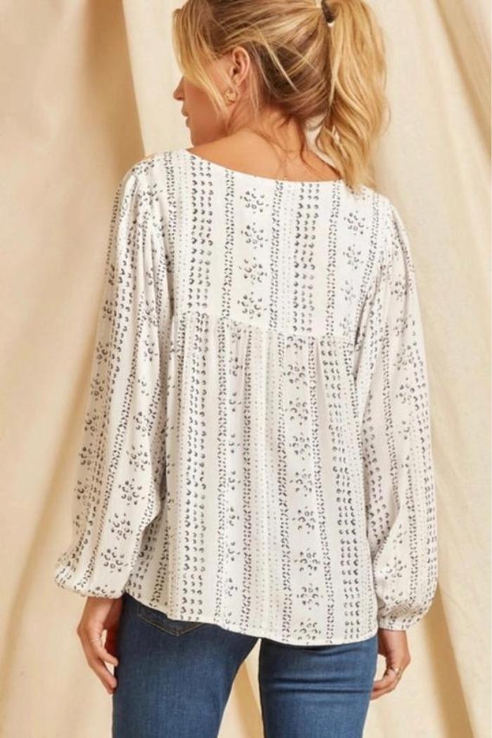 Beige Long Sleeve Embroidered Print Blouse Product Image