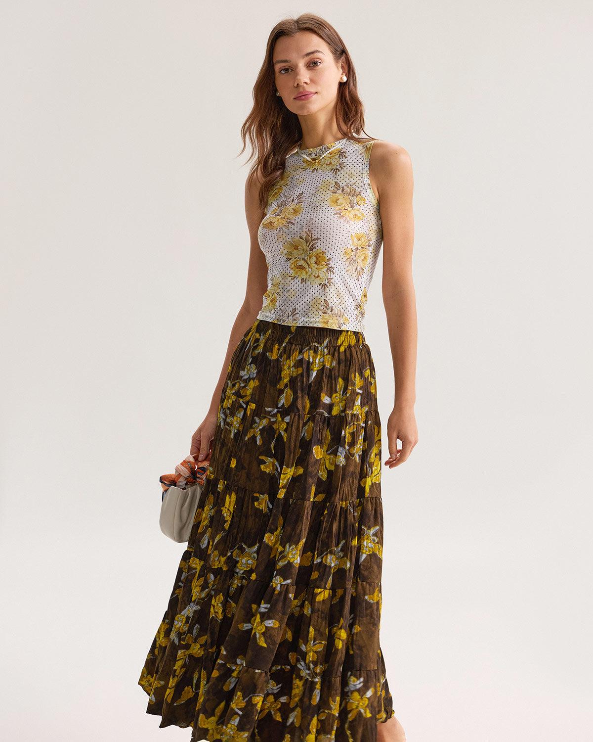 Yellow Floral Elastic Waist Midi Skirt Product Image