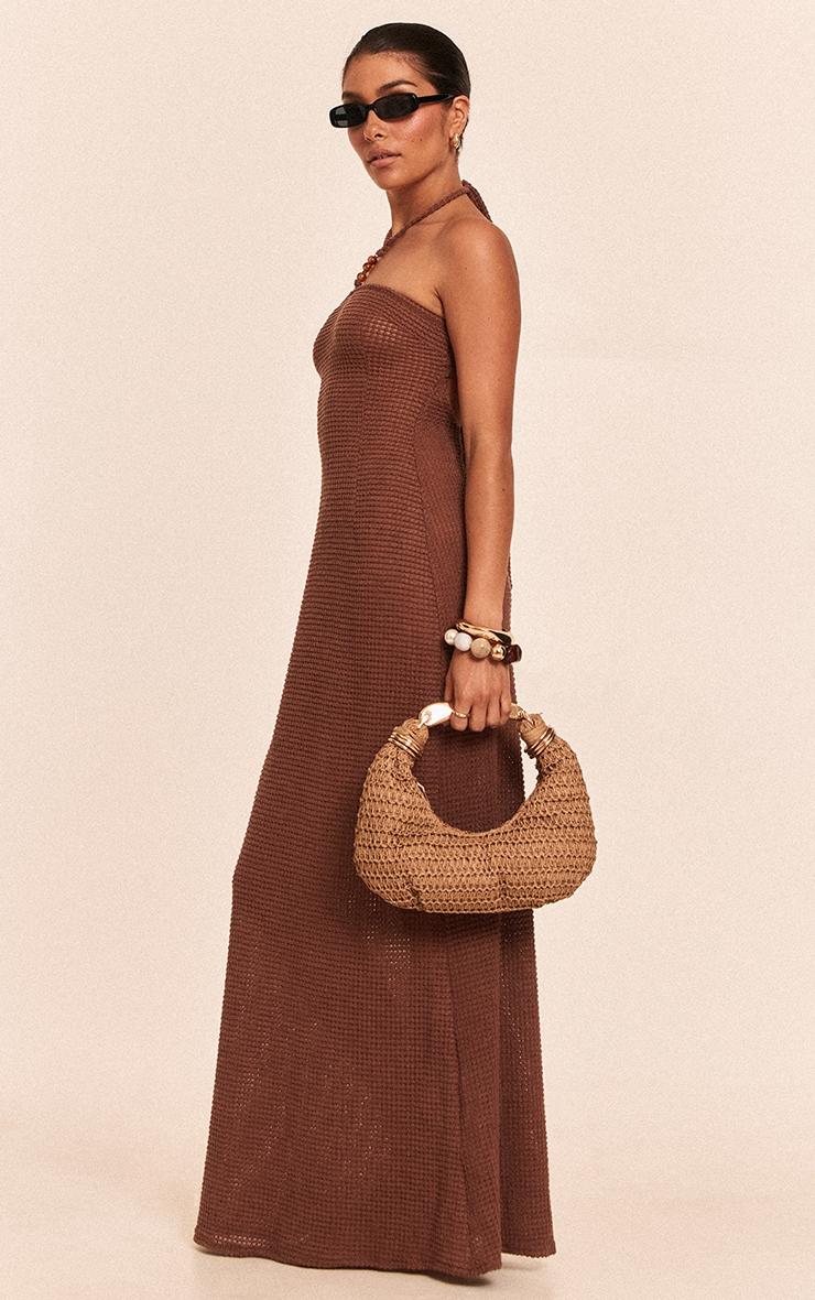 Petite Mocha Crochet Bead Trim Halter Neck Maxi Beach Dress Product Image