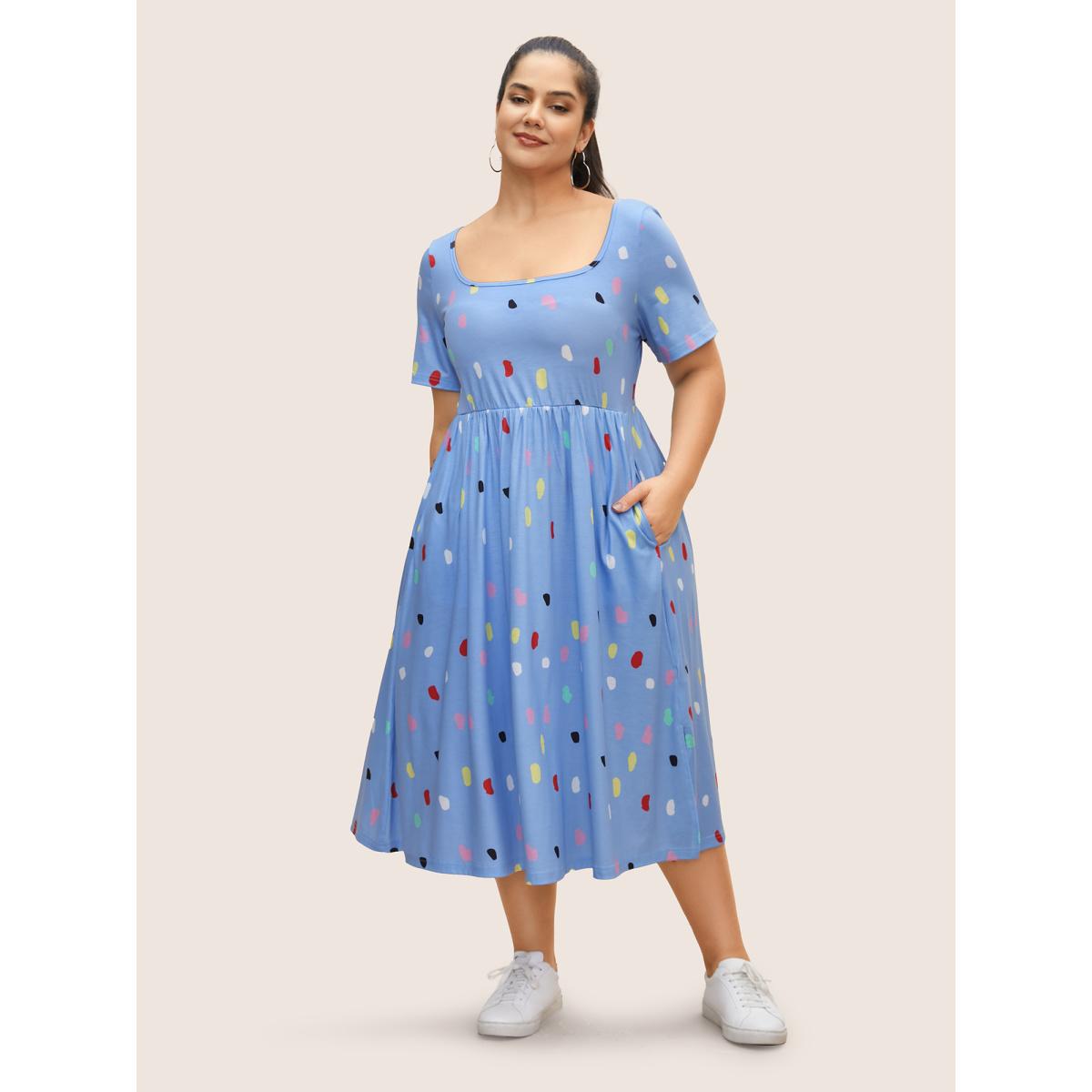 Plus Size Polka Dot Square Neck Slit Hem Dress Skyblue Women Casual Slit Square Neck Short sleeve Curvy BloomChic 26/4X Product Image