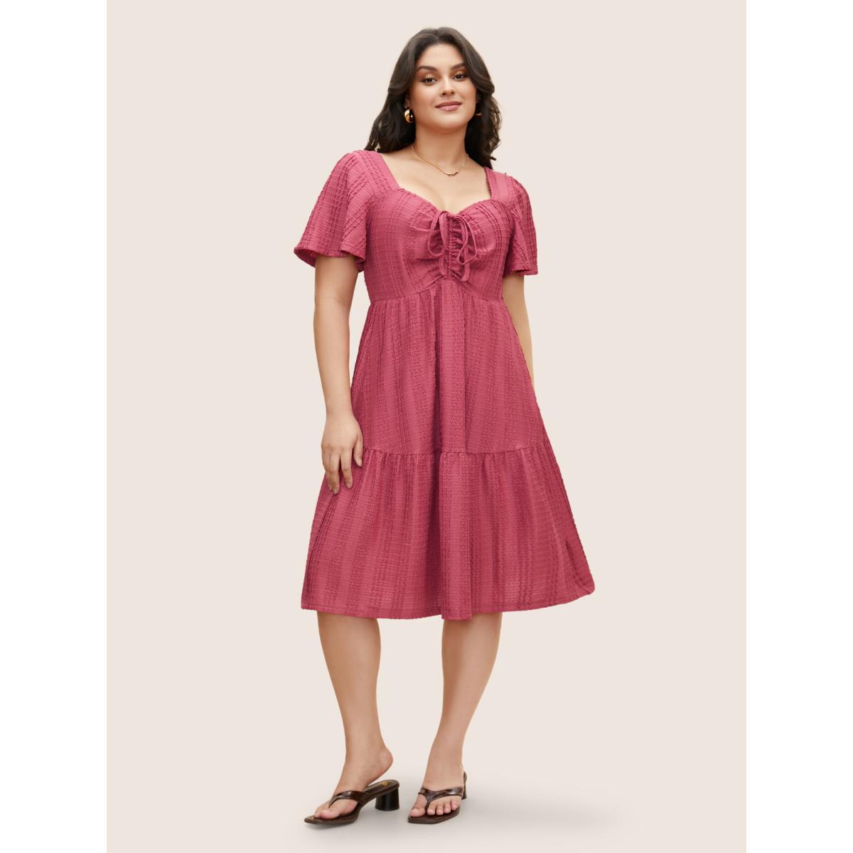 Plus Size Textured Heart Neckline Ruffle Sleeve Dress Rosered Women Elegant Texture Heart neckline Short sleeve Curvy BloomChic 22-24/3X Product Image