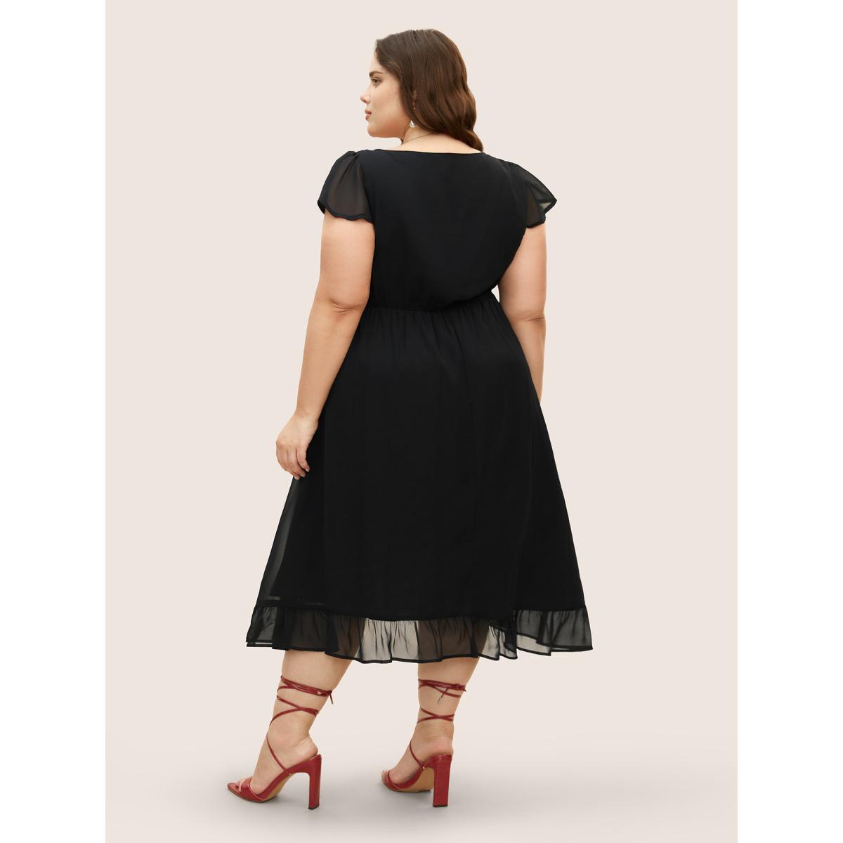 Plus Size Mesh Patchwork Ruffle Cap Sleeve Midi Dress Black Women Elegant See through Heart neckline Cap Sleeve Curvy BloomChic 22-24/3X Product Image