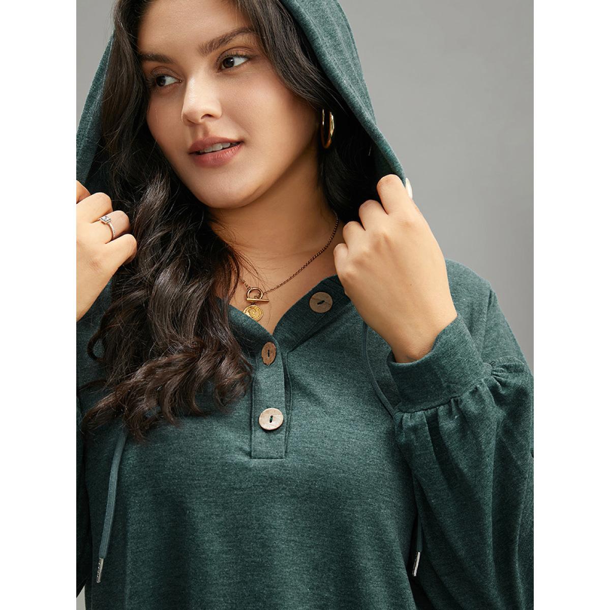 Plus Size Plain Drawstring Button Up Hooded Elastic Cuffs Sweatshirt Women Green Casual Elastic cuffs Hooded Dailywear Sweatshirts BloomChic 10/M Product Image