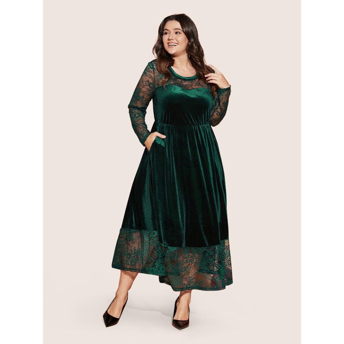 Plus Size Solid Contrast Lace Pocket Round Neck Velvet Dress DarkGreen Women Glamour Lace Round Neck Long Sleeve Curvy Midi Dress BloomChic 18-20/2X Product Image