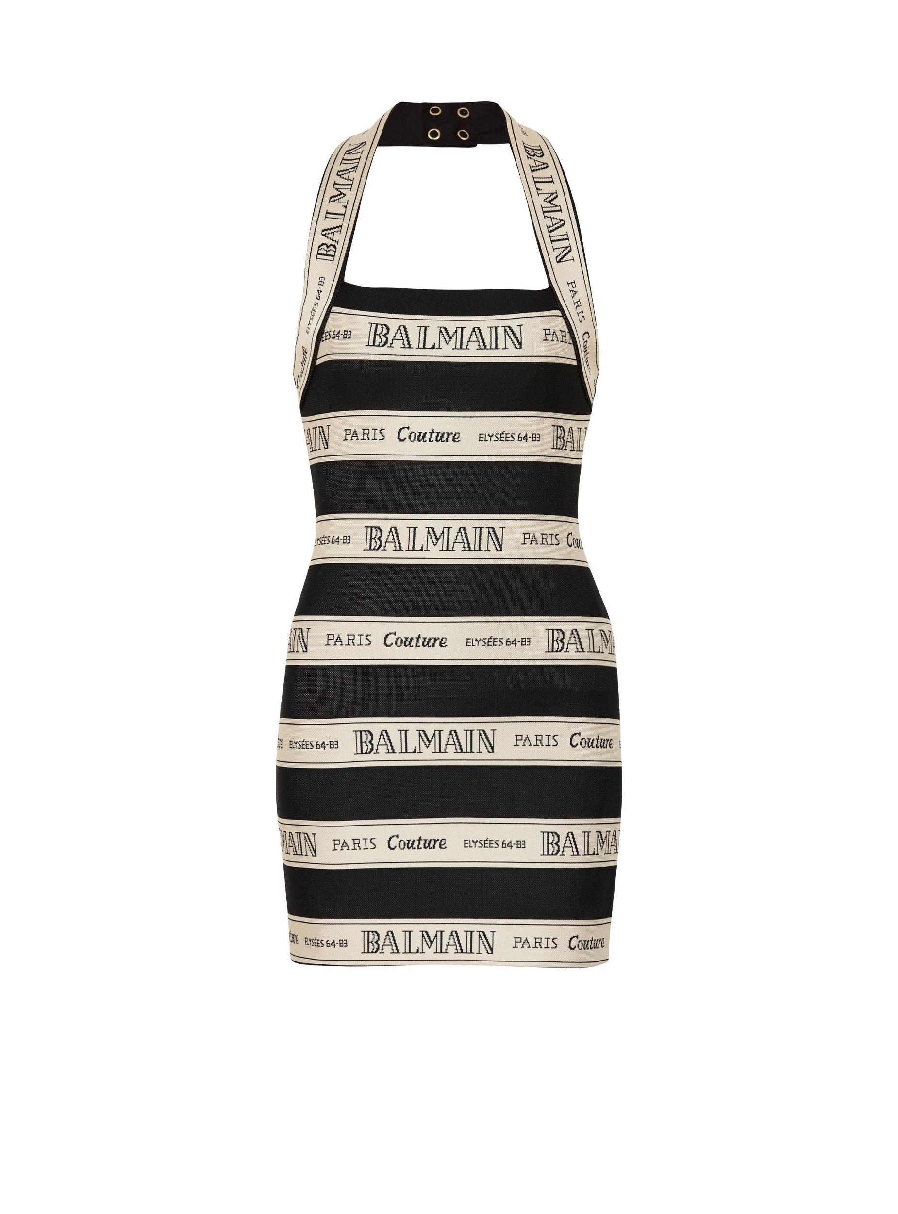 Jacquard halterneck dress with Balmain ribbon motif Product Image