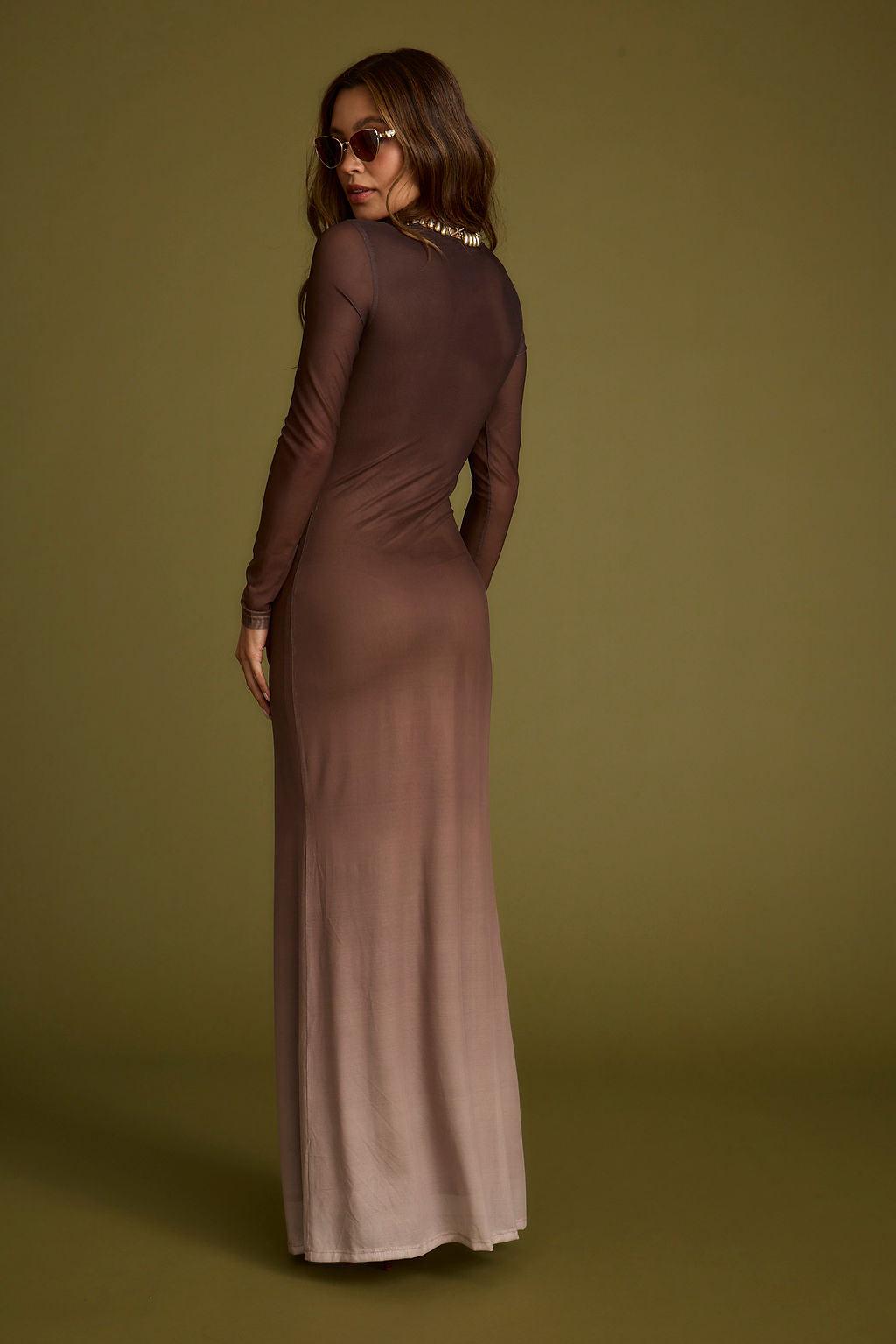 Salta Mocha Ombre Mesh Long Sleeve Maxi Dress Product Image