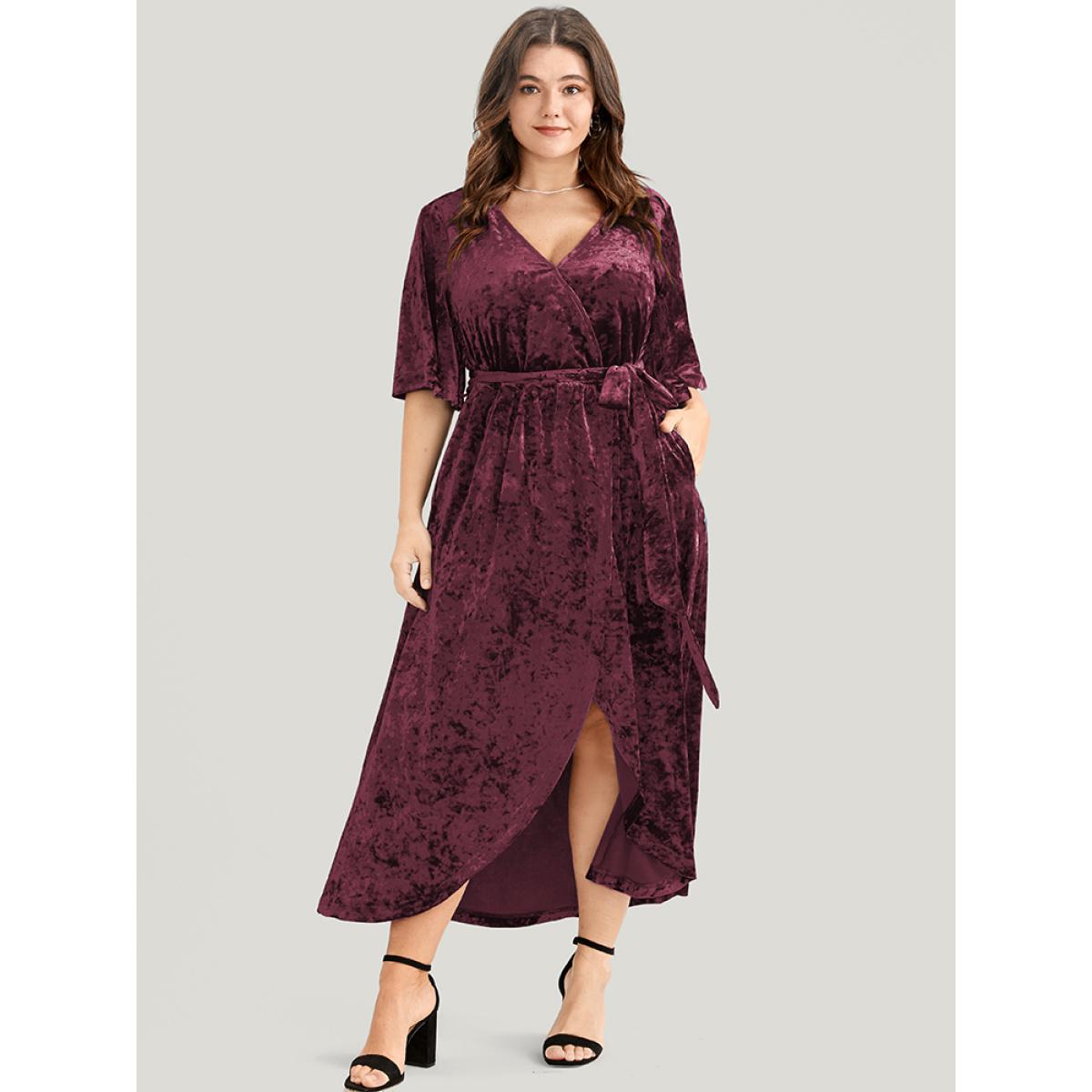 Plus Size Solid Wrap Pocket Asymmetrical Hem Belted Velvet Dress Burgundy Women Party Wrap V-neck Half Sleeve Curvy Midi Dress BloomChic 14-16/1X Product Image