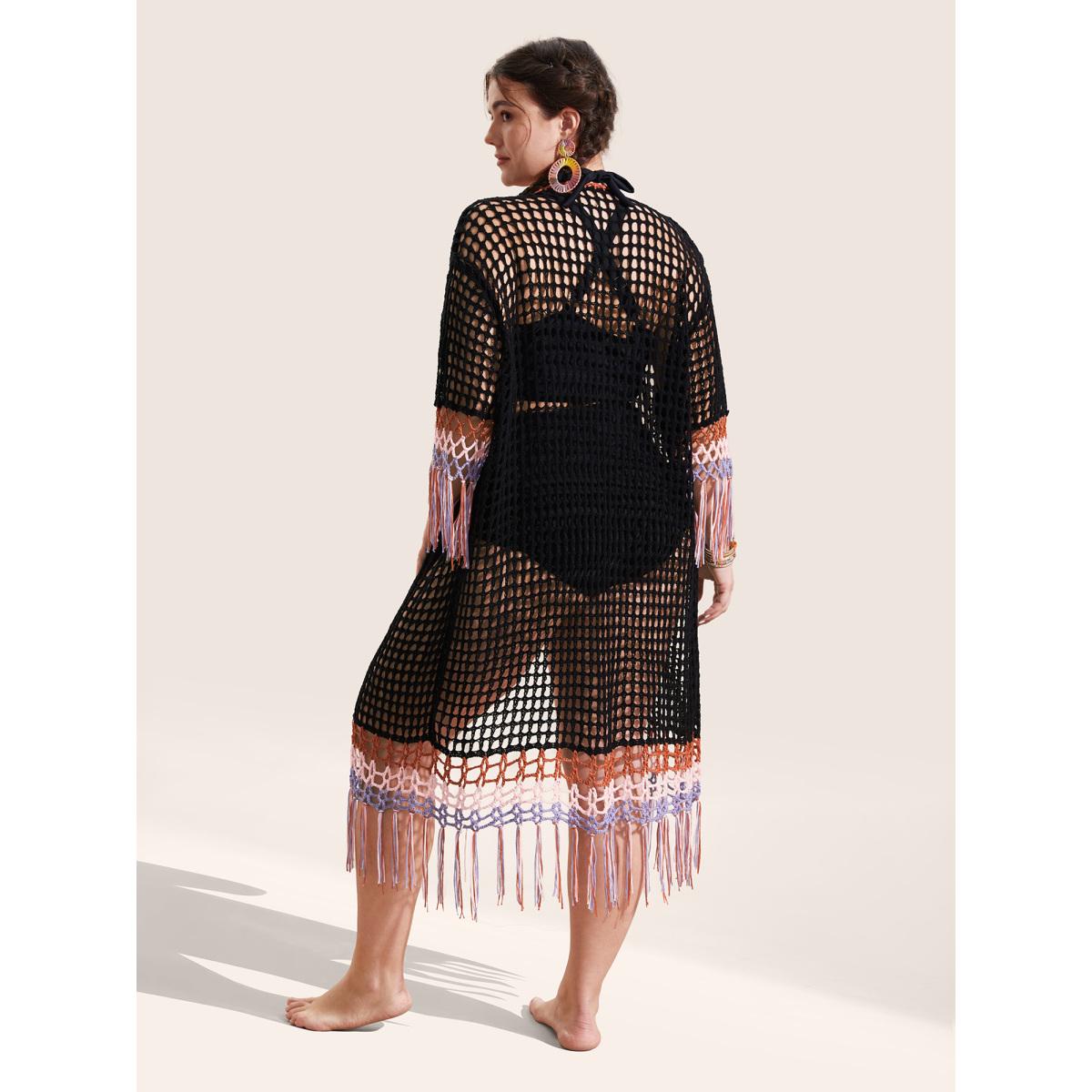 Plus Size Crochet Cut Out Tassels Trim Swim Cover Up Women's Swimwear Black Beach Loose Crochet Curve Swim Cover Ups BloomChic 26/4X Product Image