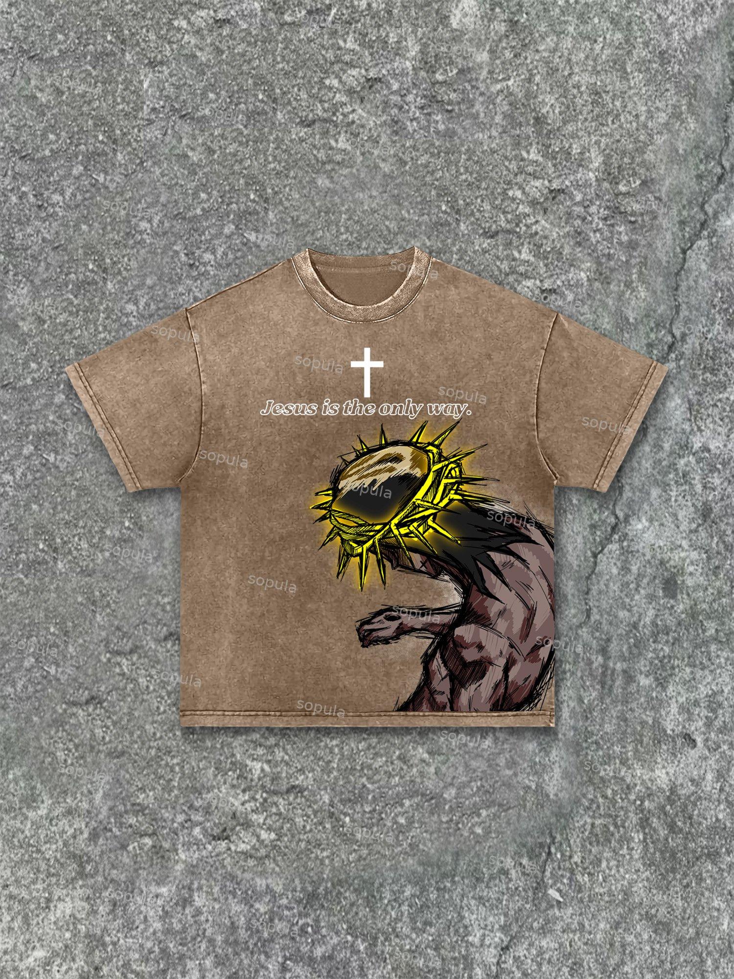 Praying Boy Print Acid Wash T-shirt Product Image