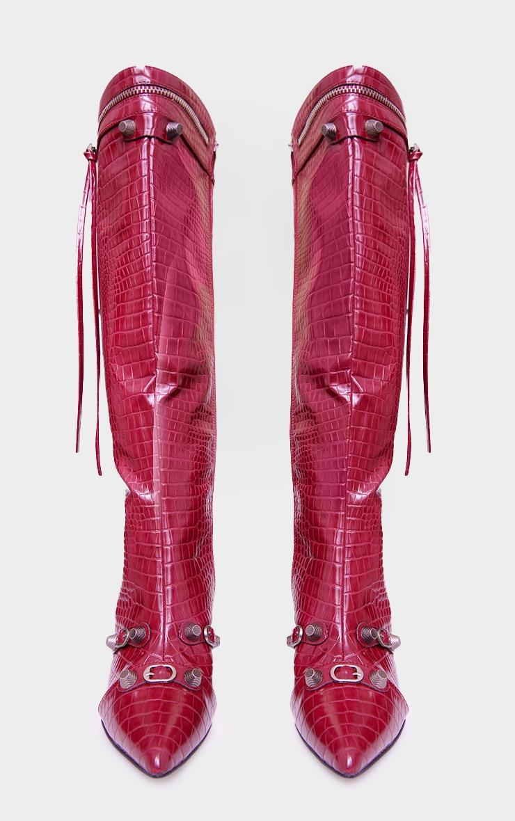 Burgundy Croc Pu Zip Detail Point Toe High Heeled Knee Boots Product Image