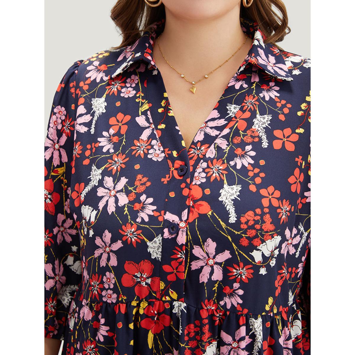 Plus Size Floral Print Shirt Collar Ruffled Hem Dress DarkBlue Women Elegant Elastic cuffs Shirt collar Elbow-length sleeve Curvy Midi Dress BloomChic 14-16/1X Product Image