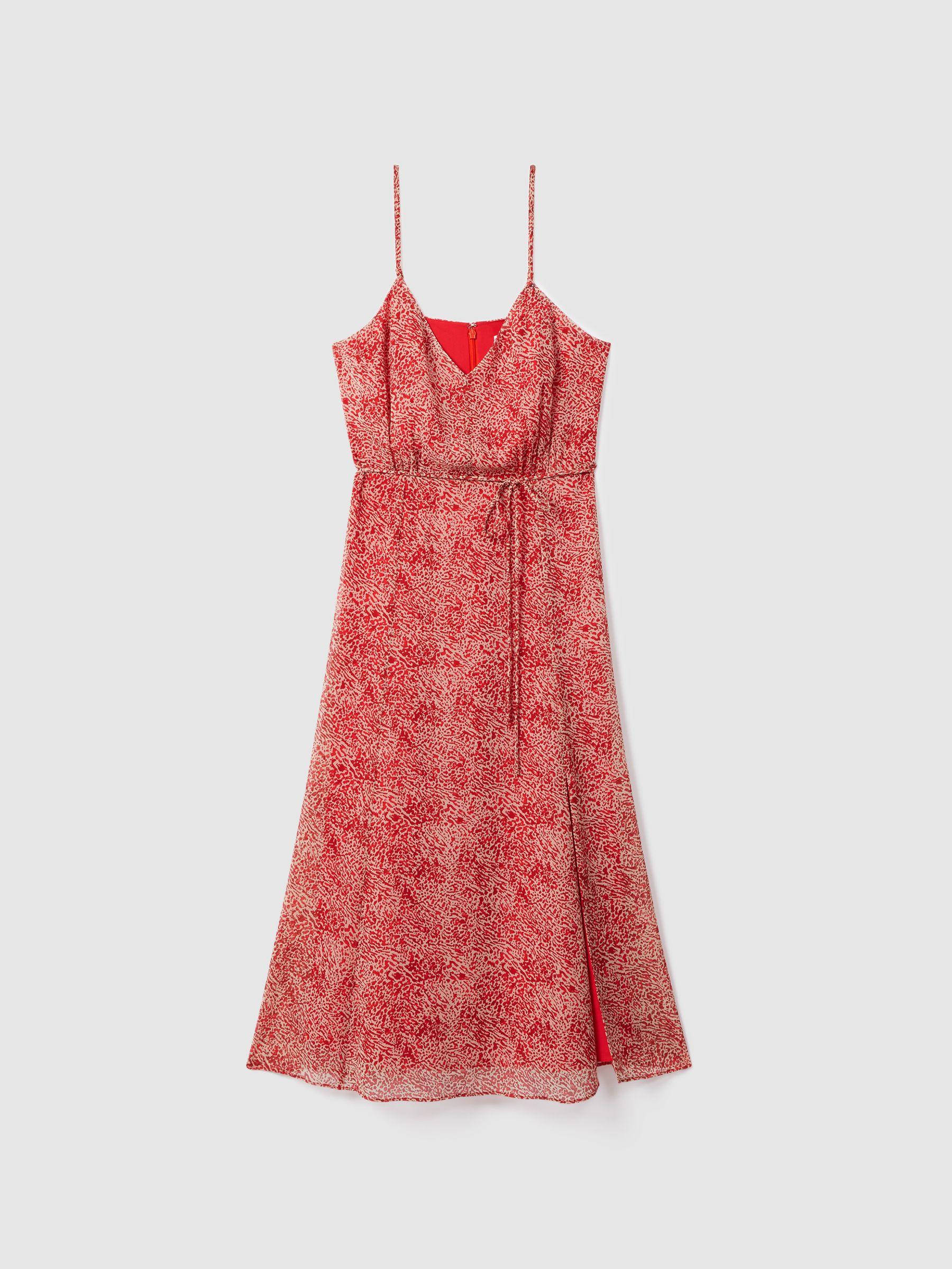Petite Printed Belted Midi Dress in Red Product Image
