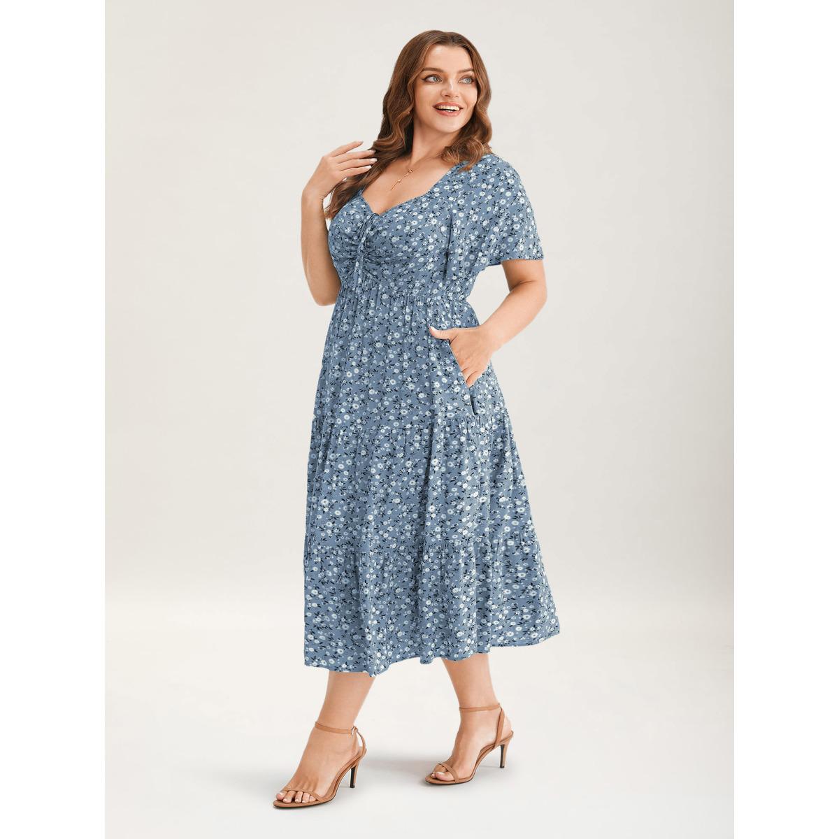 Plus Size Ditsy Floral Sweetheart Drawstring Pocket Tiered Dress Aegean Women Timeless Non V-neck Short sleeve Curvy Midi Dress BloomChic 26/4X Product Image