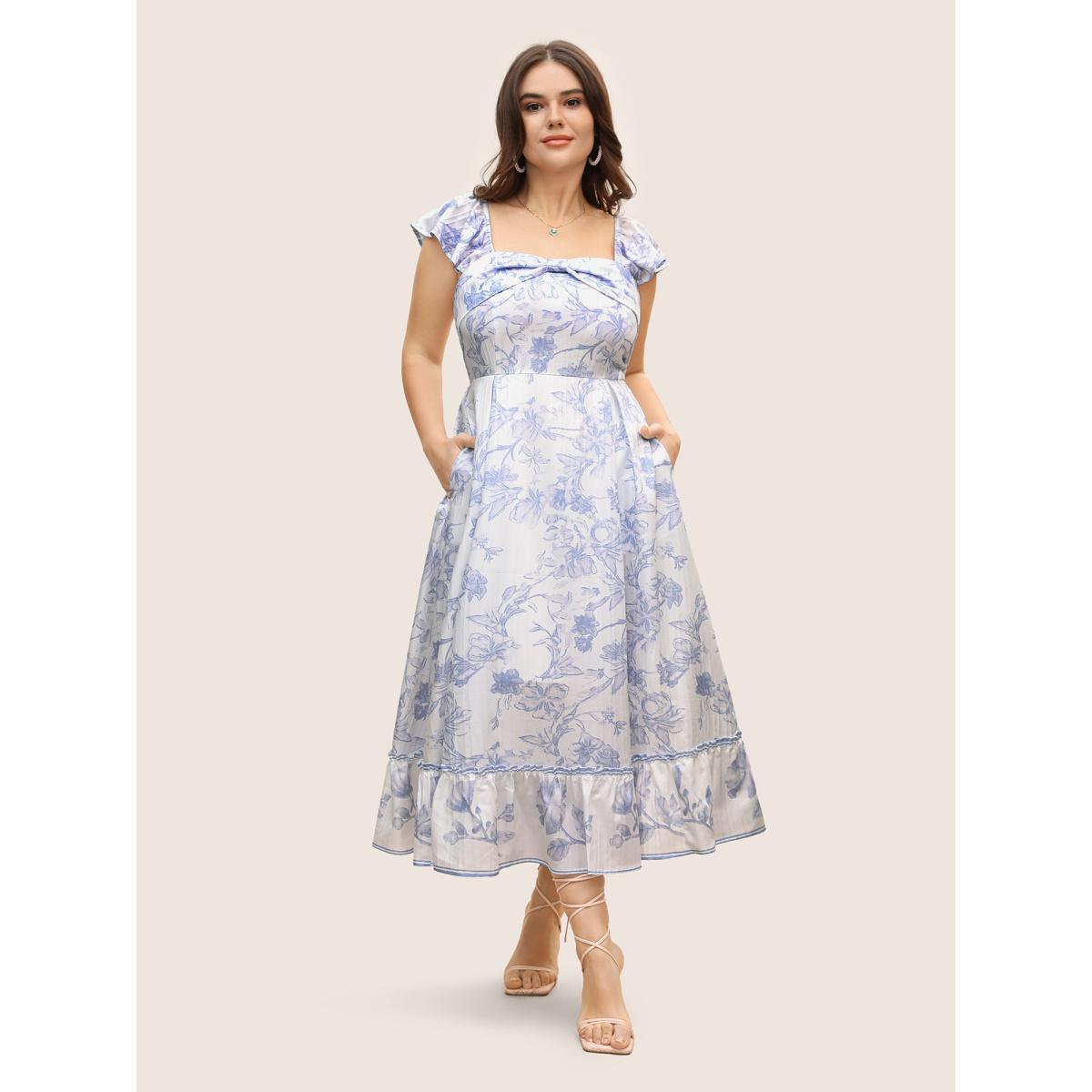 Plus Size Square Neck Floral Twist Ruffle Cap Sleeve Dress Originalwhite Women Elegant Twist Square Neck Cap Sleeve Curvy BloomChic 22-24/3X Product Image