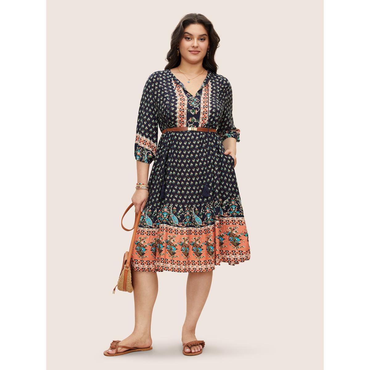 Plus Size Bandana Tassels Lantern Sleeve Ruffle Pocket Keyhole Neck Dress Indigo Women Resort V-neck Elbow-length sleeve Curvy Midi Dress BloomChic 14-16/1X Product Image