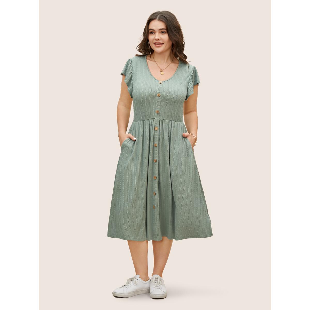 Plus Size Texture Button Detail Ruffle Cap Sleeve Dress Sage Women Casual Texture V-neck Cap Sleeve Curvy BloomChic 14-16/1X Product Image