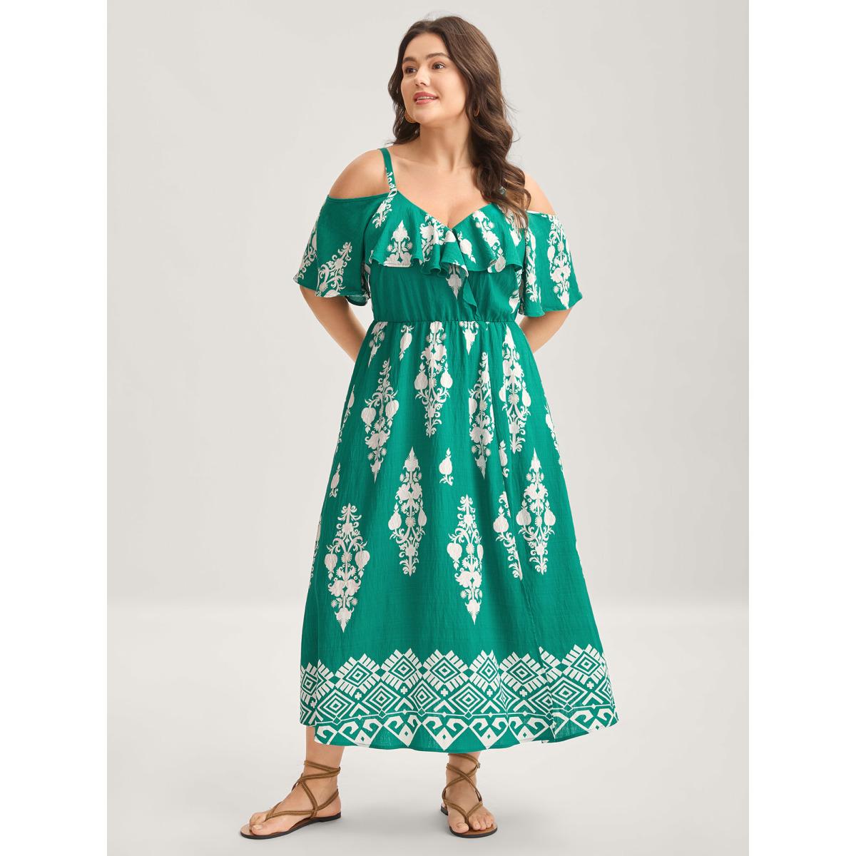 Plus Size Rayon Boho Print Slit Pockets Midi Dress Emerald Women Overlap Collar Short sleeve Curvy BloomChic 26/4X Product Image
