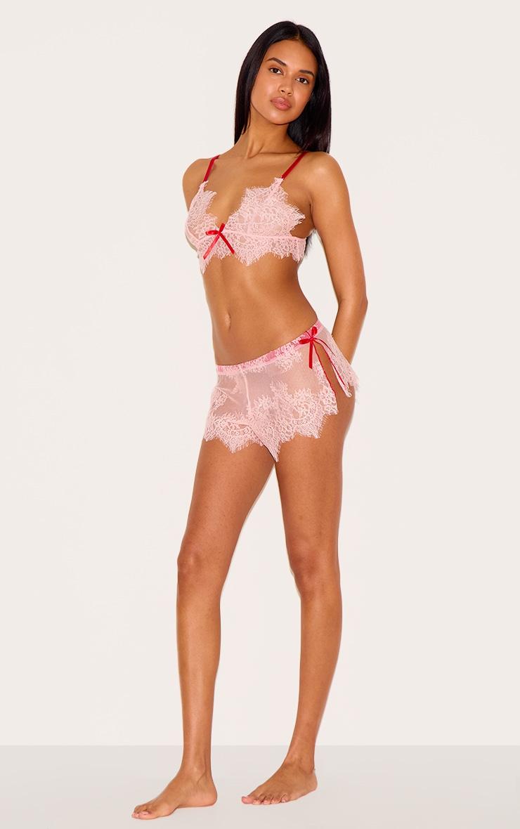 Pink Lace Contrast Trim Bralette Short Pj Set Product Image