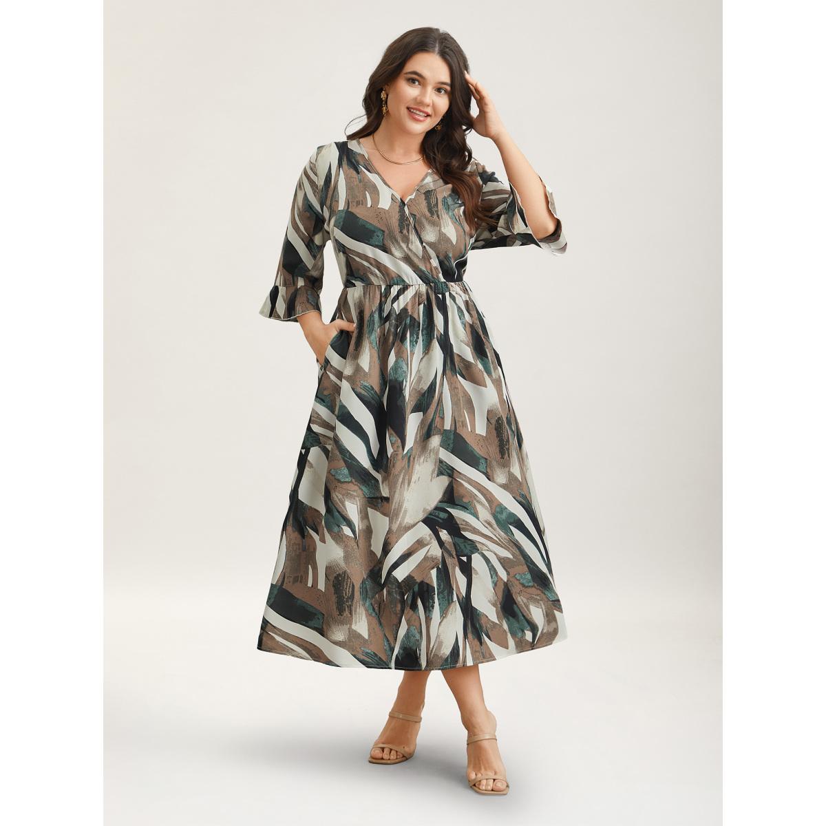 Plus Size Abstract Print Lotus Leaf Cuff Pockets Dress DarkBrown Women Elegant Ruffles Overlap Collar Elbow-length sleeve Curvy BloomChic 22-24/3X Product Image