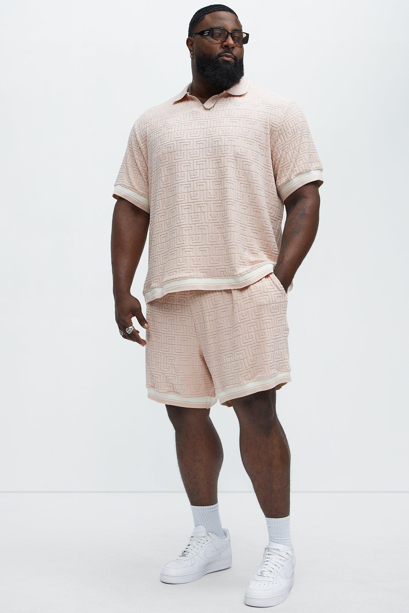 Grecian Textured Johnny Collar Polo Shirt - Pink Product Image