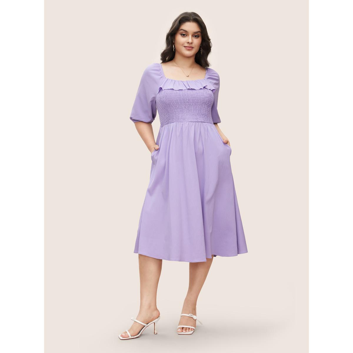 Plus Size Square Neck Solid Ruffle Trim Shirred Dress Lavender Women Elegant Shirred Square Neck Half Sleeve Curvy BloomChic 28/5X Product Image