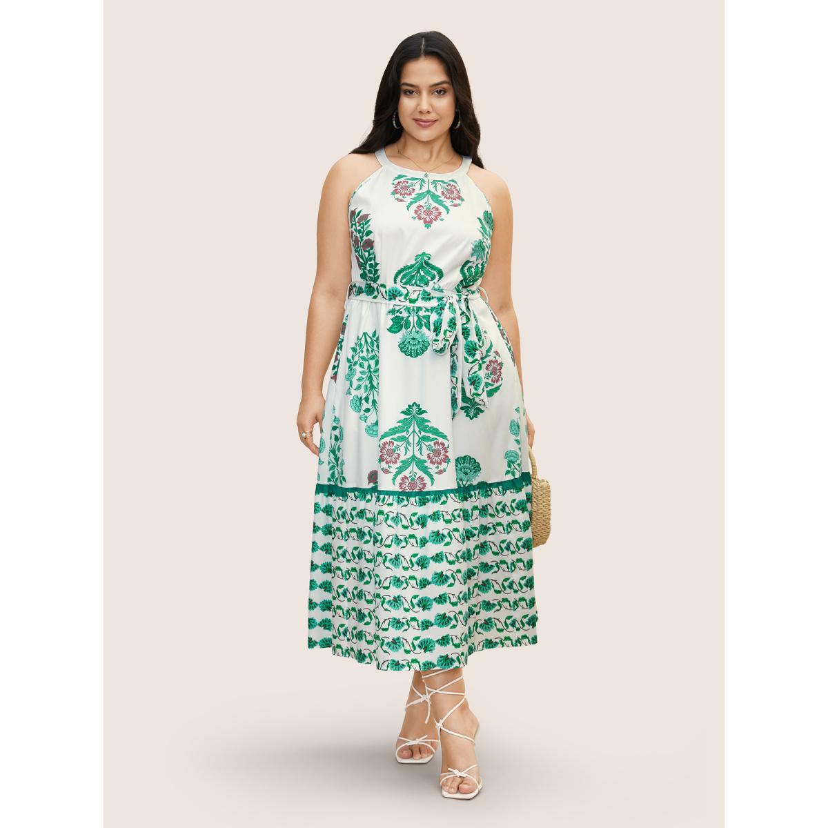 Plus Size Bandana Print Belted Sleeveless Maxi Dress Malachitegreen Women Resort Belted Round Neck Sleeveless Curvy BloomChic 28/5X Product Image