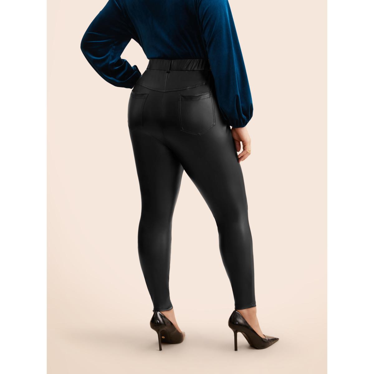 Plus Size PU Leather Button Detail Mid Rise Pants Women Black Casual Skinny Mid Rise Everyday Pants BloomChic 14-16/1X Product Image