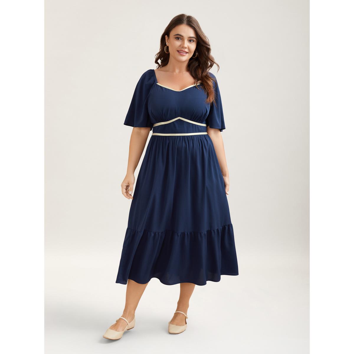 Plus Size Textured Stretchy Waist Milkmaid Style Midi Dress Indigo Women Leisure Woven ribbon&lace trim Heart neckline Short sleeve Curvy BloomChic 14-16/1X Product Image