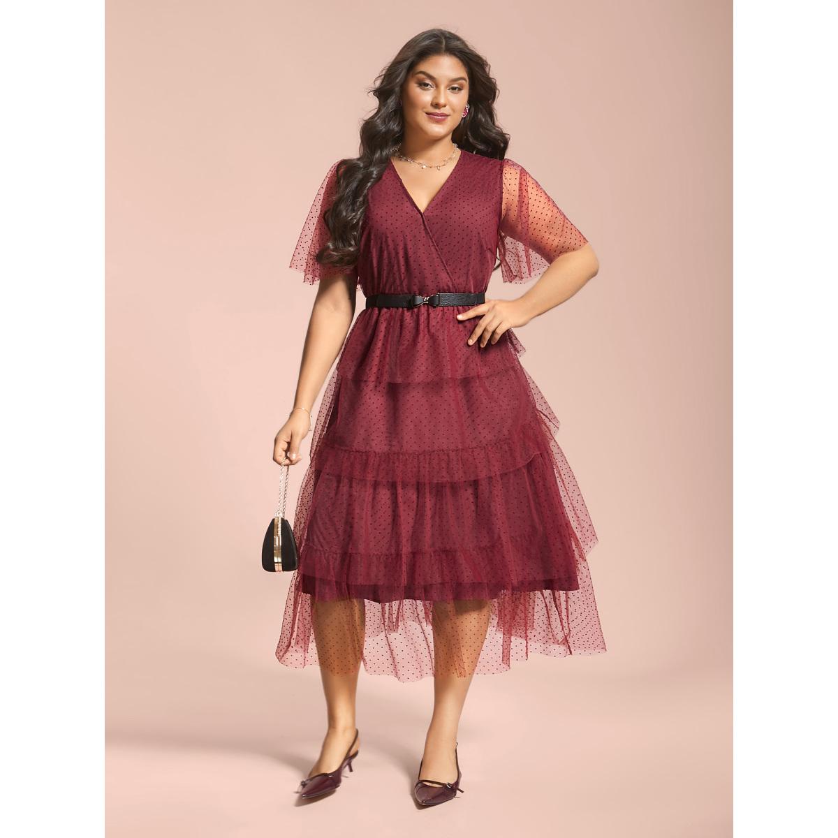 Plus Size Polka Dot Sheer Mesh Tiered Dress Burgundy Women Cocktail Texture Party Curvy Bloomchic 22-24/3X Product Image