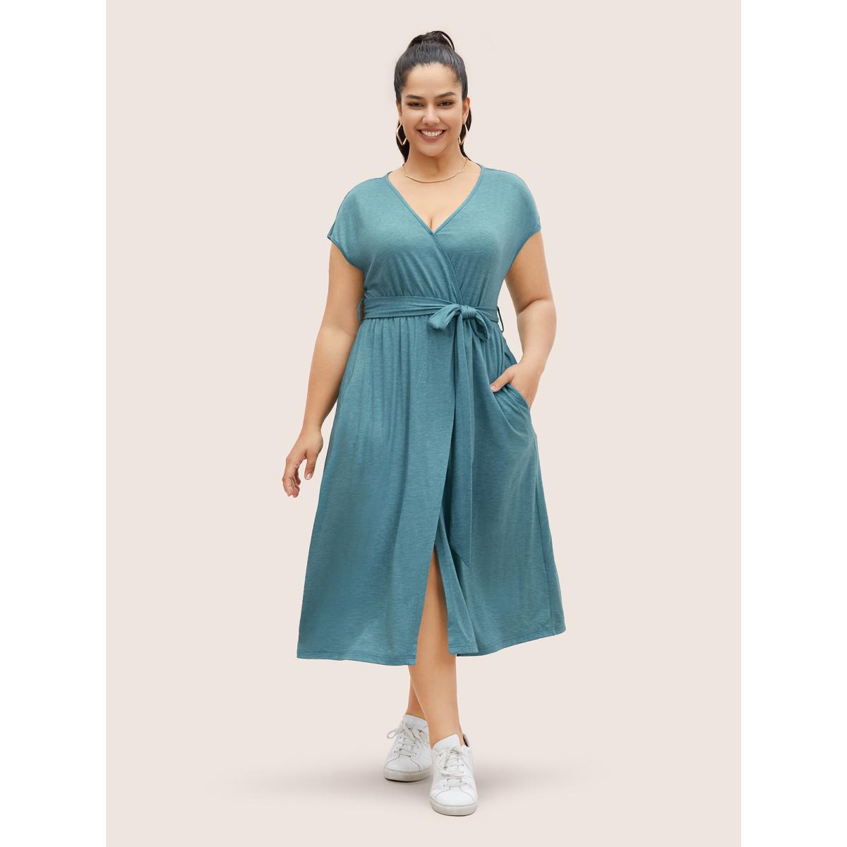 Plus Size Supersoft Essentials Solid Wrap Cap Sleeve Dress Turquoise Women Casual Overlapping Overlap Collar Cap Sleeve Curvy Midi Dress BloomChic 14-16/1X Product Image