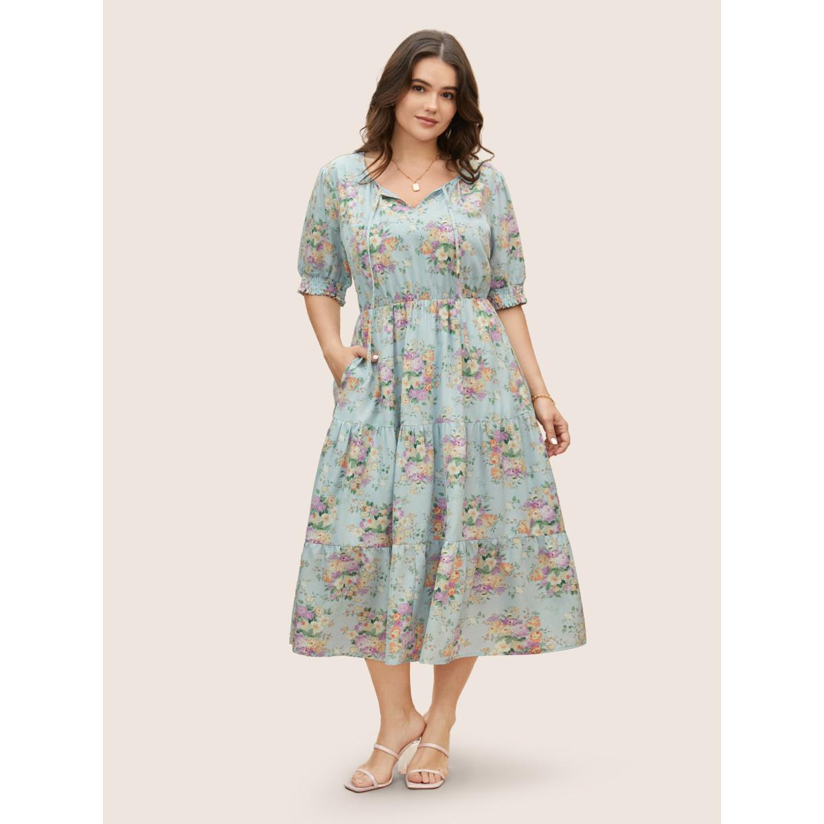 Plus Size Floral Shirred Tie Knot Lantern Sleeve Dress LightBlue Women Elegant Tie knot Notched collar Half Sleeve Curvy BloomChic 26/4X Product Image